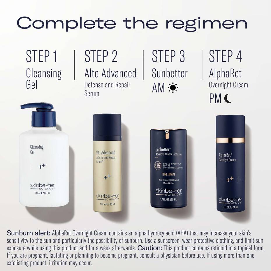 AlphaRet Overnight Cream skincare routine steps with cleansing gel serum and sunscreen for AM PM anti aging regimen