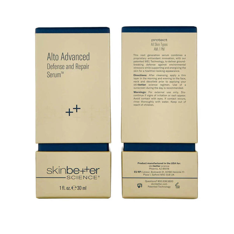 Alto Advanced Defense and Repair Serum packaging front and back box showing product details and usage information