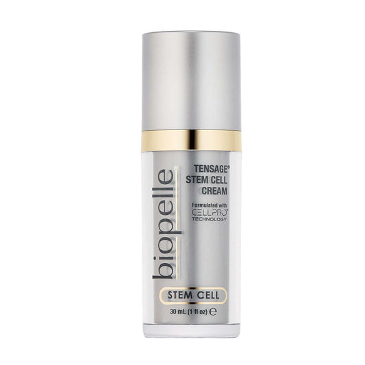 Biopelle Tensage Stem Cell Cream bottle with CellPro, retinol, and peptides for fine lines, wrinkles and smoother face skin.
