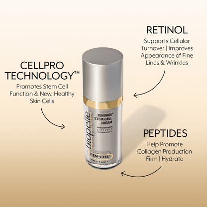 Biopelle Tensage Stem Cell Cream shows CellPro, retinol and peptides benefits for fine lines, firmness and hydrated skin