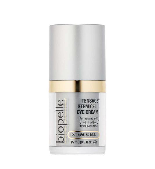 Biopelle Tensage Stem Cell Eye Cream bottle with CellPro, retinol and caffeine for dark circles, puffiness and fine lines.