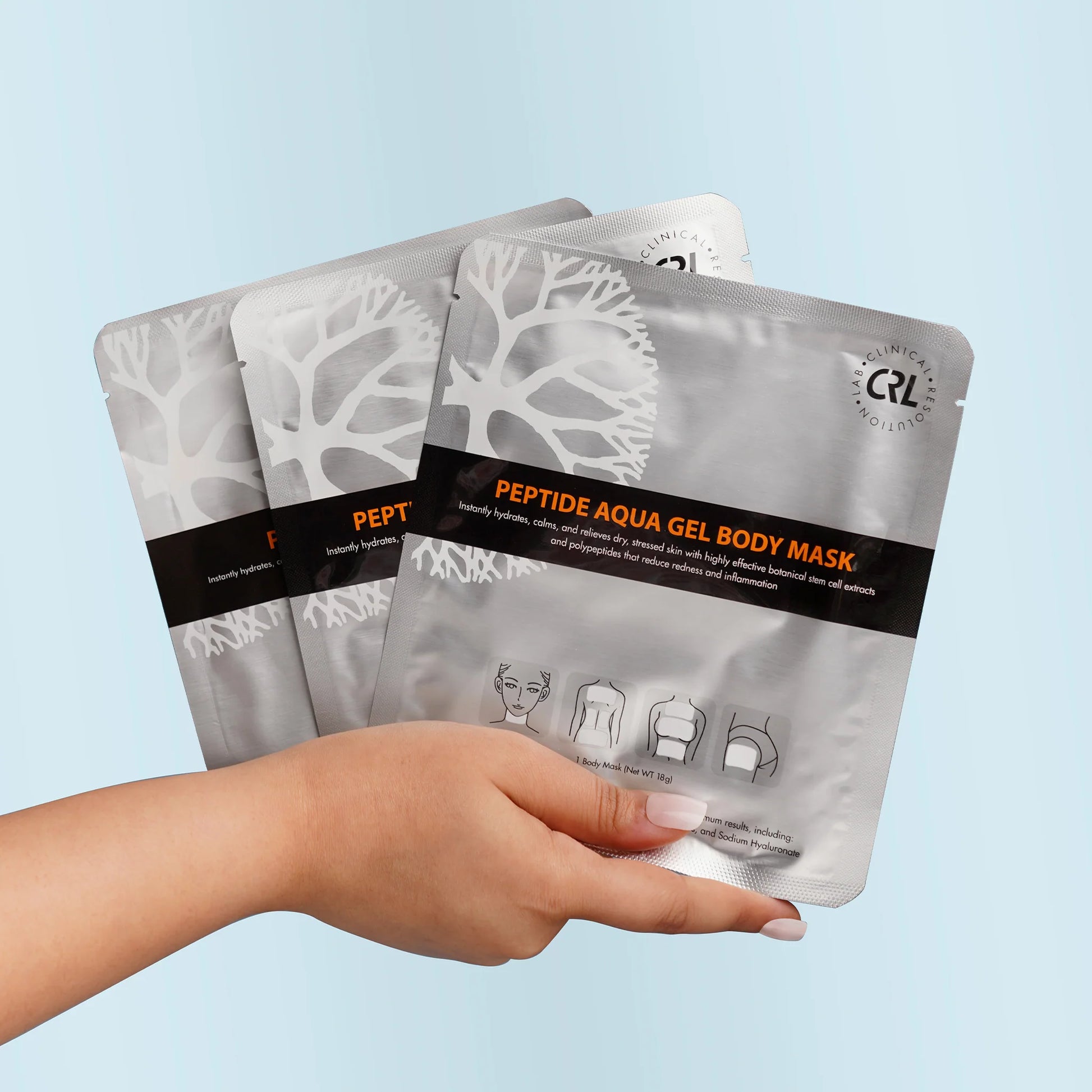 Clinical Resolution Peptide Aqua Gel Body Mask individual foil pouches — hydrating gel sheet mask for post-procedure recovery
