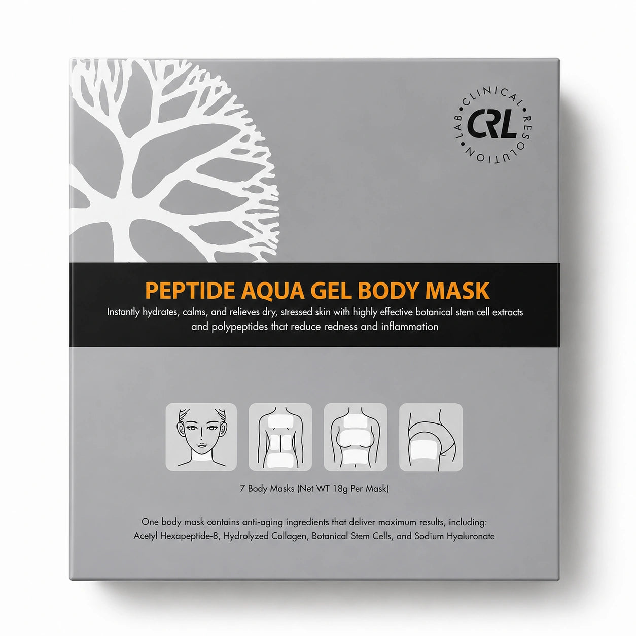CRL Peptide Aqua Gel Body Mask box with collagen, sodium hyaluronate, and peptides for hydrated, calm body skin texture.