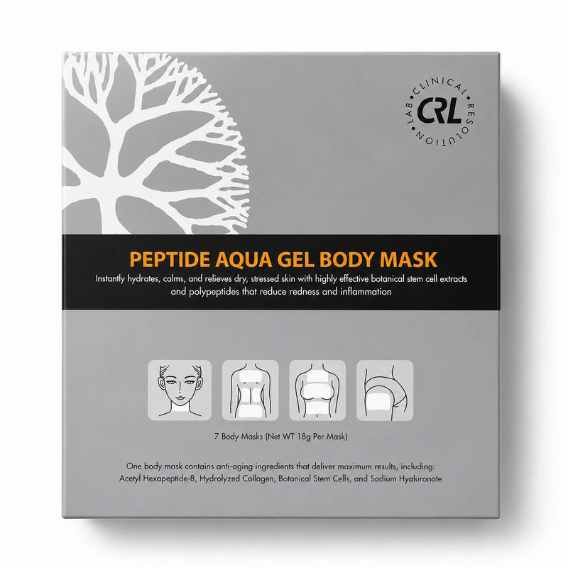 CRL Peptide Aqua Gel Body Mask box with collagen, sodium hyaluronate, and peptides for hydrated, calm body skin texture.