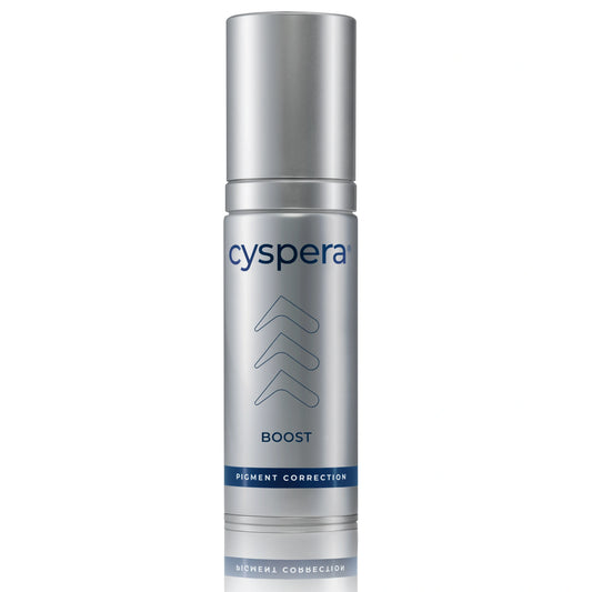 Cyspera Boost bottle photo for pigment correction with Isobionic-Amide, retinol and vitamin C for uneven tone skin care use.
