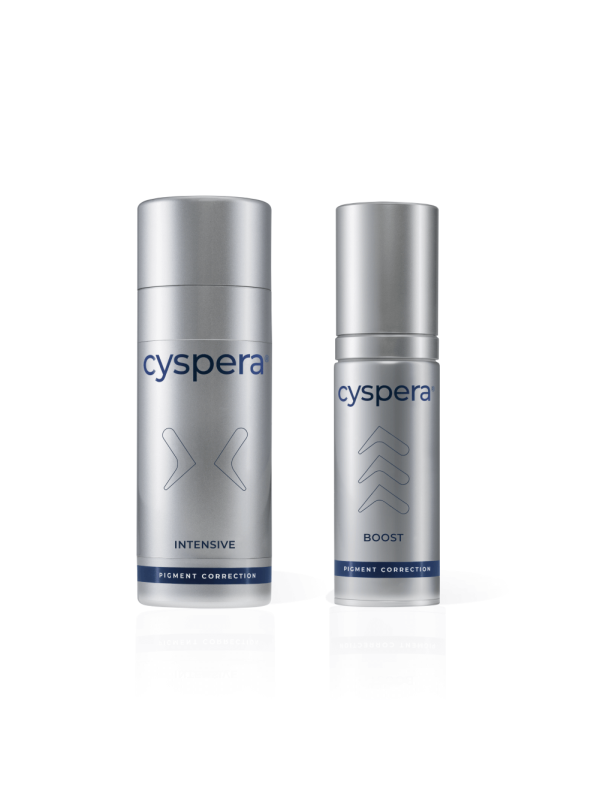 Two silver Cyspera skincare bottles on a white background