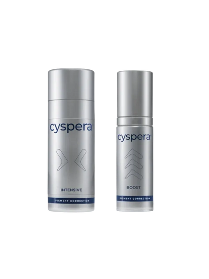Cyspera Original Boost Bundle shows Intensive and Boost pigment correction bottles for dark spots and uneven skin tone care.
