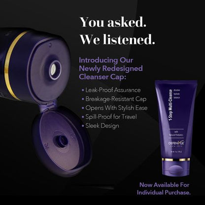 DefenAge 1-Step Multi Cleanse cap graphic shows redesigned leak-proof, spill-proof travel cap and cleanser tube for skincare