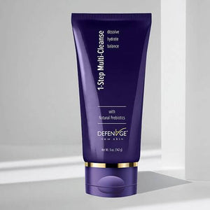 DefenAge 1-Step Multi Cleanse purple tube with natural prebiotics for hydrating, dissolving makeup and balancing skin daily.