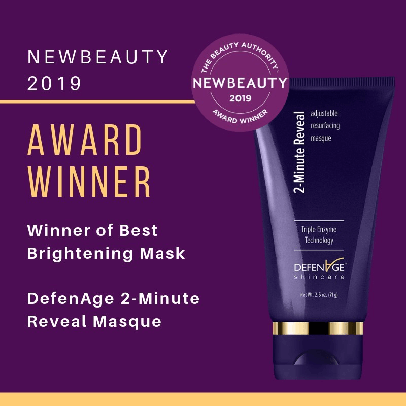 DefenAge 2 Minute Reveal Masque NewBeauty 2019 award winner graphic for brightening mask and Triple Enzyme resurfacing uses.