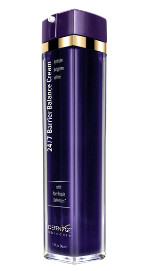 DefenAge 24/7 Barrier Balance Cream Fragrance Free angled close-up bottle with purple pump for hydrated, brighter face skin.