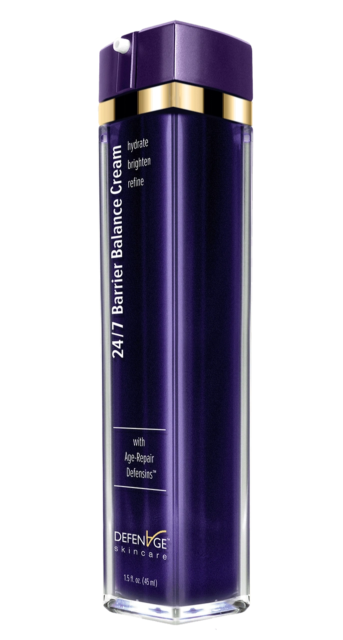 DefenAge 24/7 Barrier Balance Cream Fragrance Free angled close-up bottle with purple pump for hydrated, brighter face skin.