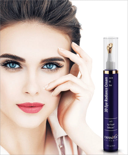 DefenAge 3D Eye Radiance Cream lifestyle image with model and bottle for bright, firm under eye radiance and fine line care.
