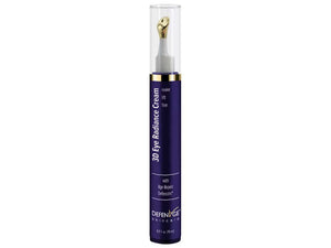 DefenAge 3D Eye Radiance Cream bottle with gold applicator tip and Age-Repair Defensins for fine lines, puffiness, radiance.