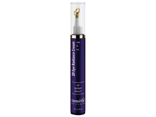 DefenAge 3D Eye Radiance Cream bottle with gold applicator tip and Age-Repair Defensins for fine lines, puffiness, radiance.