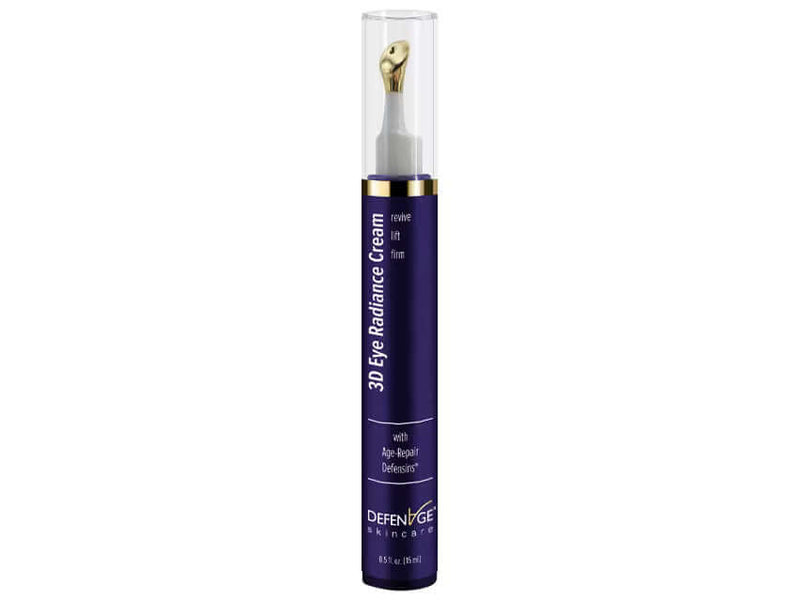 DefenAge 3D Eye Radiance Cream bottle with gold applicator tip and Age-Repair Defensins for fine lines, puffiness, radiance.
