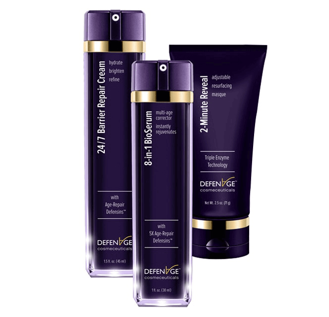 DefenAge Clinical Power Trio set shows BioSerum, Barrier Balance Cream and Reveal Masque with Age-Repair Defensins benefits.