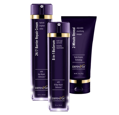 DefenAge Clinical Power Trio set shows BioSerum, Barrier Balance Cream and Reveal Masque with Age-Repair Defensins benefits.