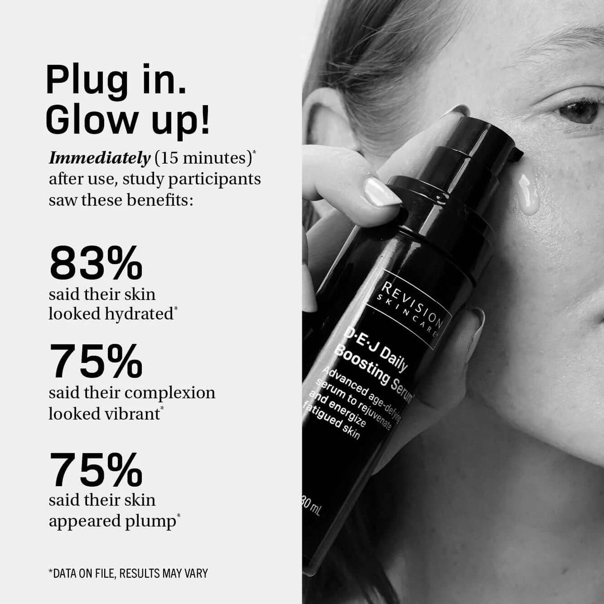 Revision Skincare DEJ Daily Boosting Serum 1 oz infographic showing hydration and glow benefits after application
