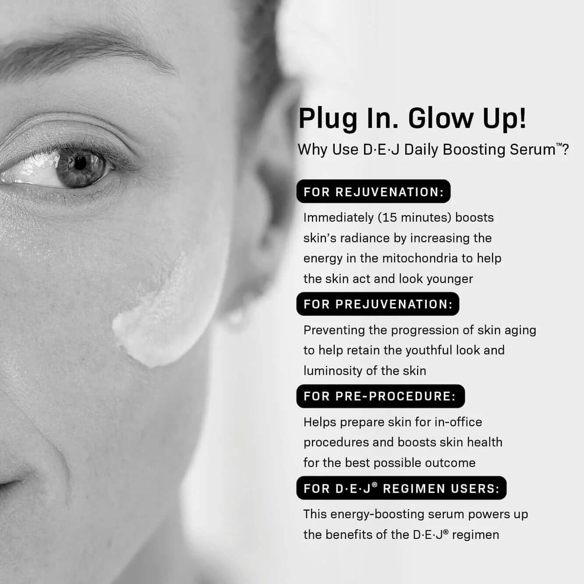 Revision Skincare DEJ Daily Boosting Serum 1 oz infographic highlighting rejuvenation and glow supporting benefits