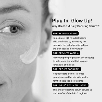 Revision Skincare DEJ Daily Boosting Serum 1 oz infographic highlighting rejuvenation and glow supporting benefits