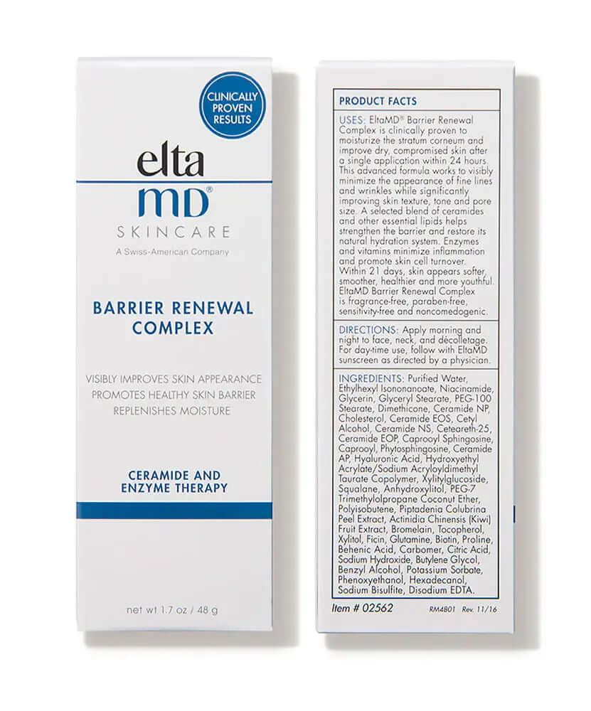 EltaMD Barrier Renewal Complex front and back box show product facts, directions and ingredients for barrier moisturizer use