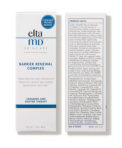 EltaMD Barrier Renewal Complex front and back box show product facts, directions and ingredients for barrier moisturizer use