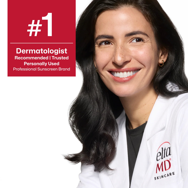 EltaMD professional sunscreen brand portrait featuring smiling female doctor in white coat with top ranked brand message.