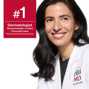 EltaMD sunscreen brand portrait featuring smiling female expert in white coat with number one professional brand message