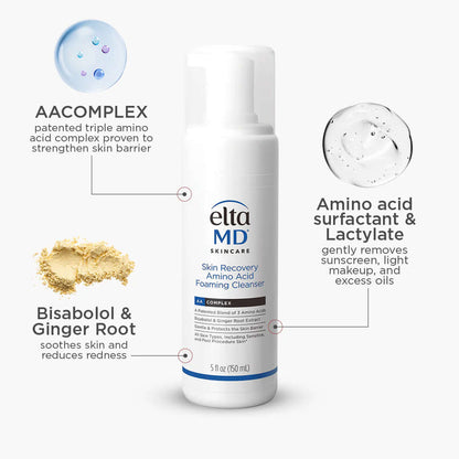 EltaMD Skin Recovery Amino Acid Foaming Cleanser ingredient graphic shows AAComplex, amino surfactants and ginger root care.