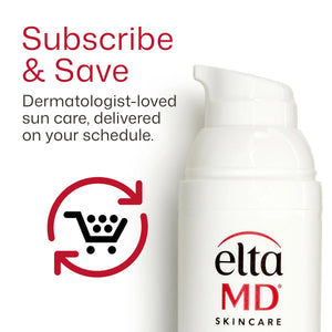 EltaMD subscribe and save graphic with sunscreen pump bottle, delivery icon and flexible replenishment message shown.