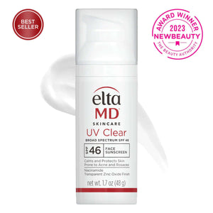 EltaMD UV Clear SPF 46 bottle with Best Seller and 2023 NewBeauty award badges for broad spectrum face sunscreen protection.