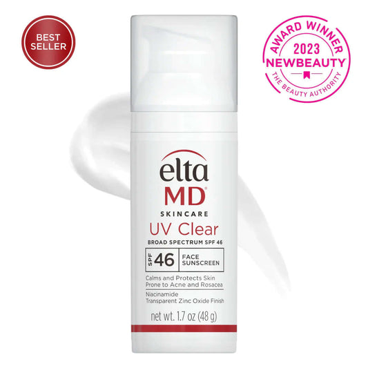 EltaMD UV Clear SPF 46 bottle with Best Seller and 2023 NewBeauty award badges for broad spectrum face sunscreen protection.