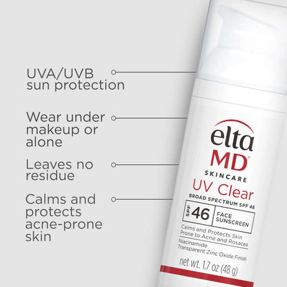 EltaMD UV Clear SPF 46 product anatomy — Zinc Oxide, Niacinamide, and Hyaluronic Acid formula for daily facial sun protection