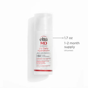 EltaMD UV Hydration+ SPF 50 face sunscreen bottle highlighting 1.7 oz size, 55 pumps, and one to two month supply.