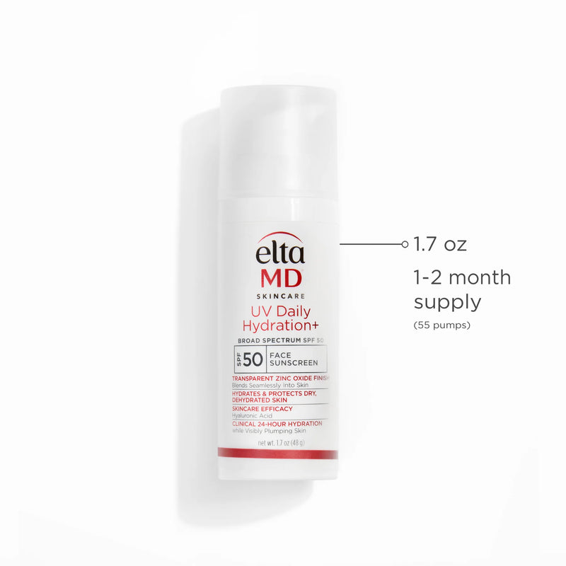 EltaMD UV Hydration+ SPF 50 face sunscreen bottle highlighting 1.7 oz size, 55 pumps, and one to two month supply.