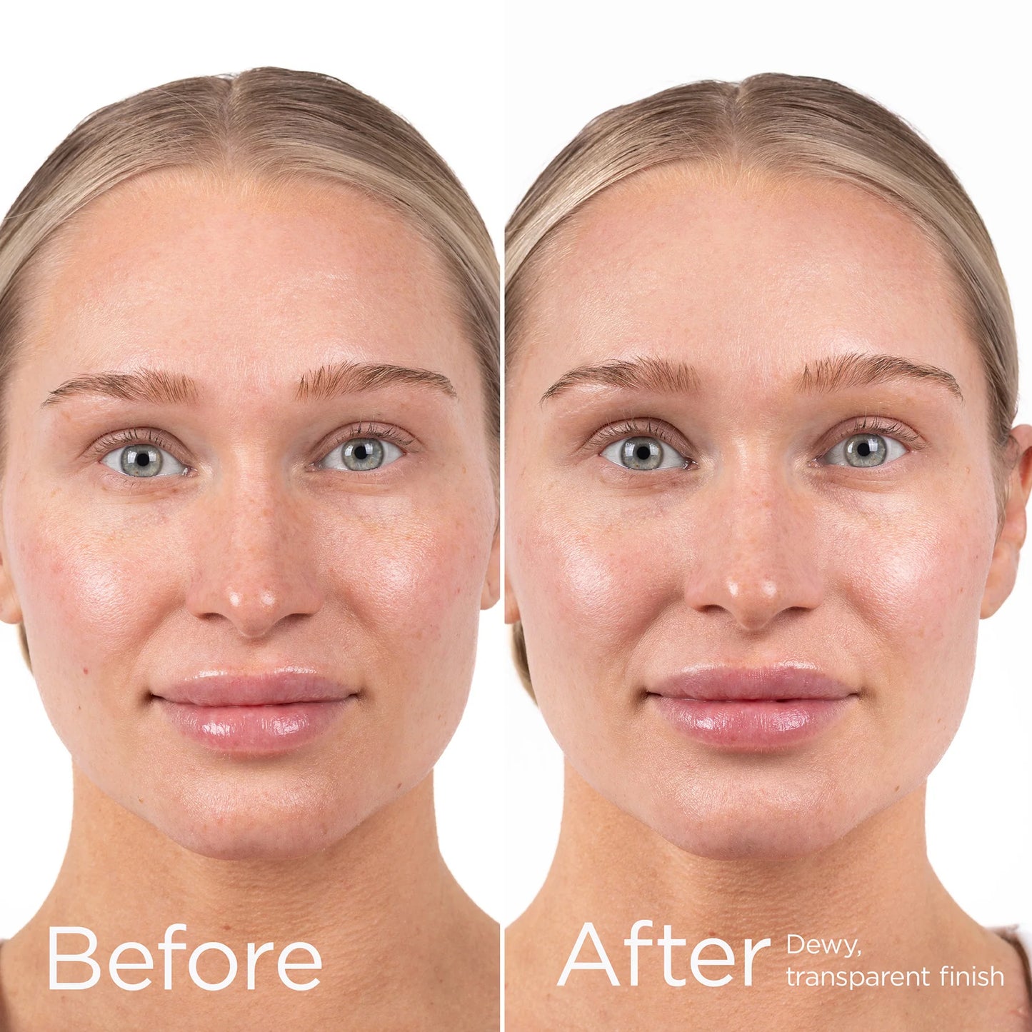 Before and after model photo showing dewy transparent finish after EltaMD UV Hydration+ SPF 50 face sunscreen.