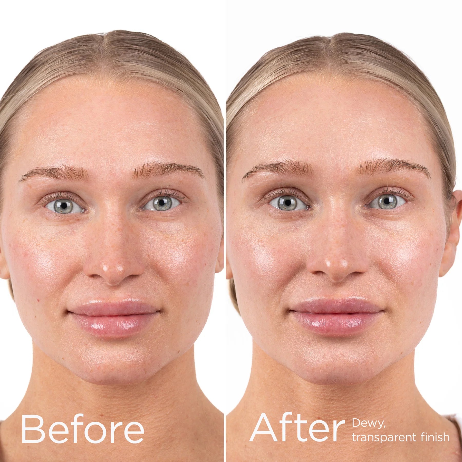 Before and after model photo showing dewy transparent finish after EltaMD UV Hydration+ SPF 50 face sunscreen.