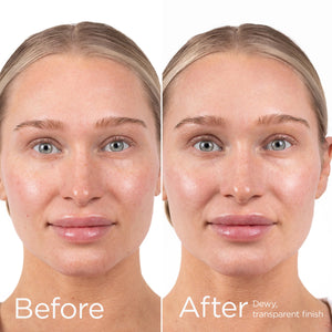 Before and after model photo showing dewy transparent finish after EltaMD UV Hydration+ SPF 50 face sunscreen.