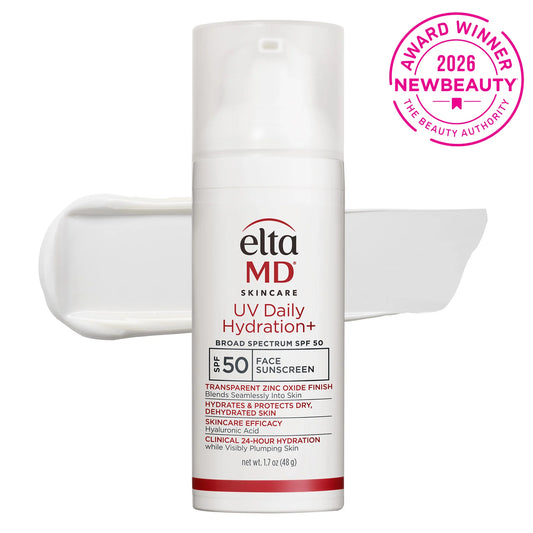 EltaMD UV Hydration+ SPF 50 face sunscreen product bottle with cream smear and NewBeauty 2026 award badge for dry skin.