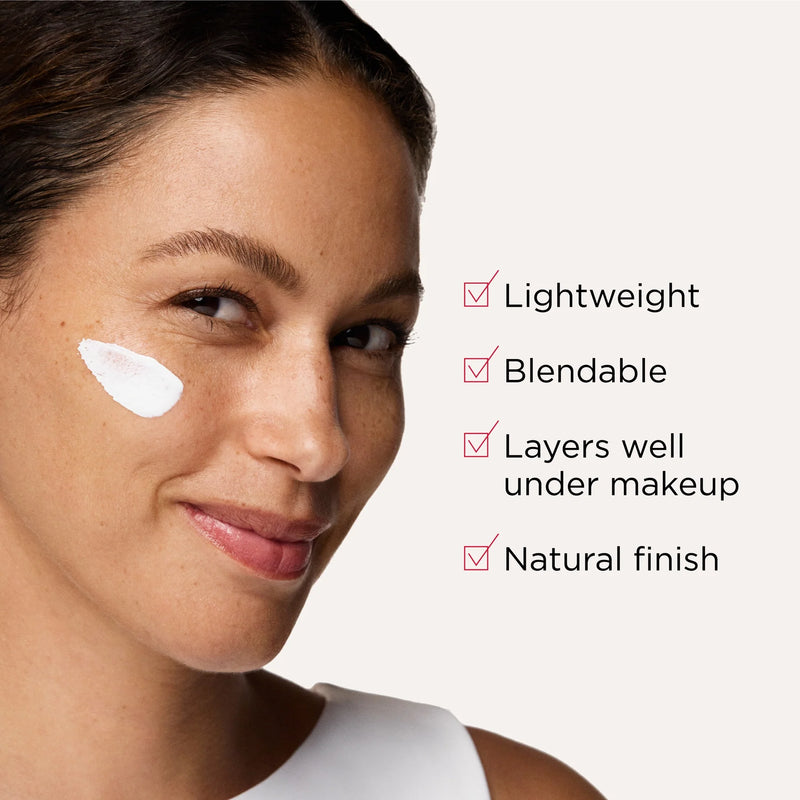 Model wearing EltaMD UV Hydration+ SPF 50 with lightweight blendable texture that layers well under makeup smoothly.