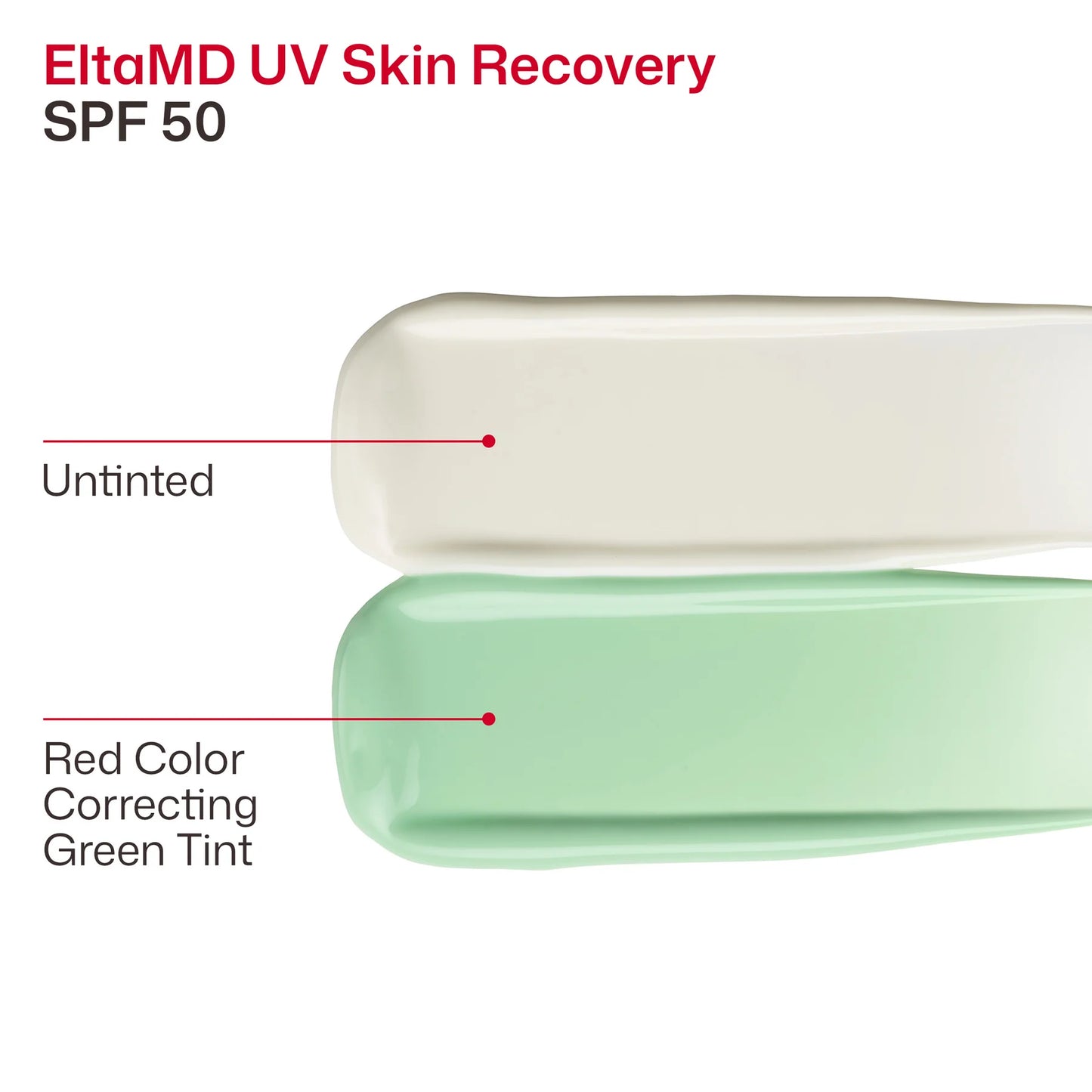 EltaMD UV Skin Recovery SPF 50 green tint comparison graphic showing untinted and red color correcting texture shades visual