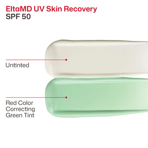 EltaMD UV Skin Recovery SPF 50 green tint comparison graphic showing untinted and red color correcting texture shades visual
