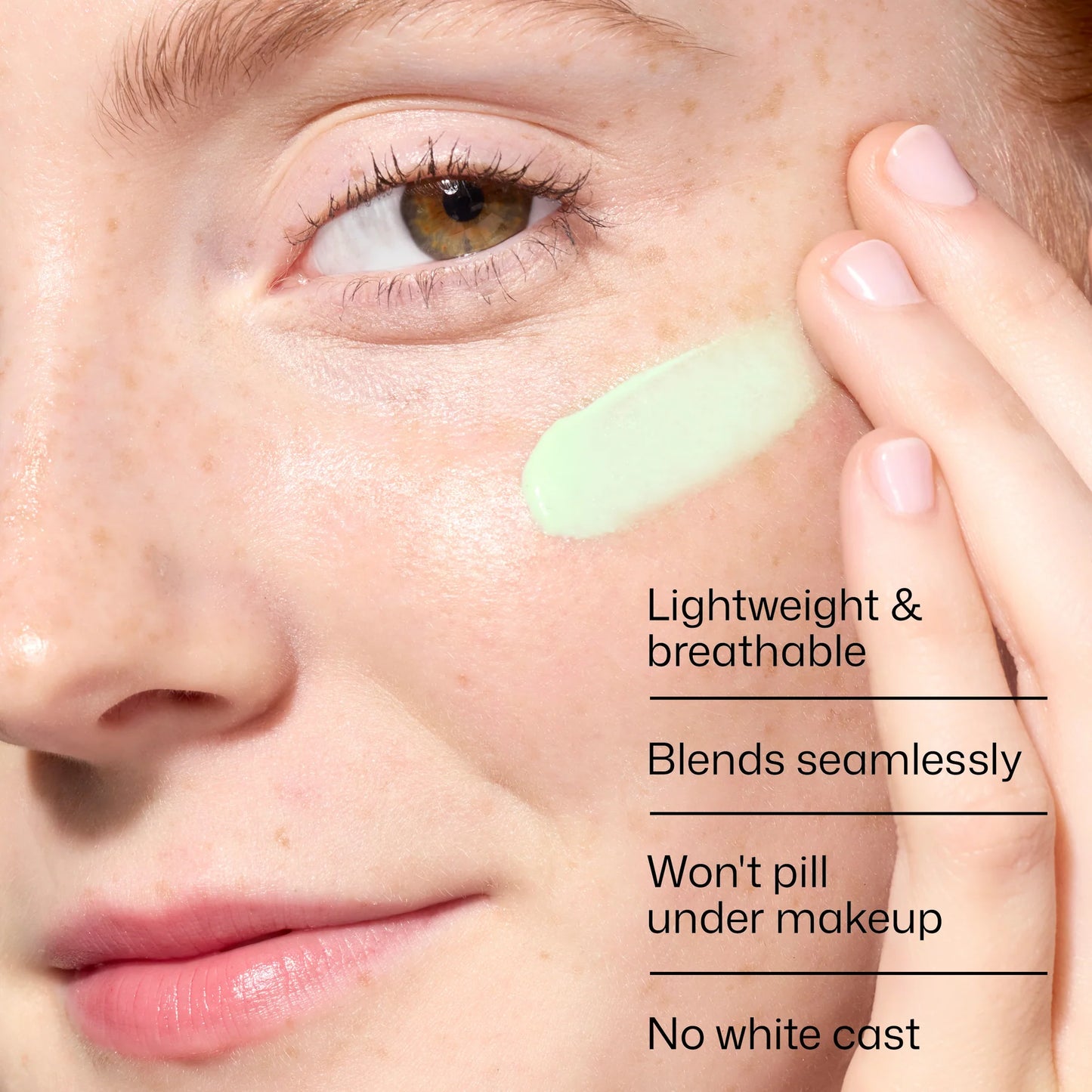 Closeup model applying EltaMD UV Skin Recovery green tint with lightweight breathable texture and no white cast finish