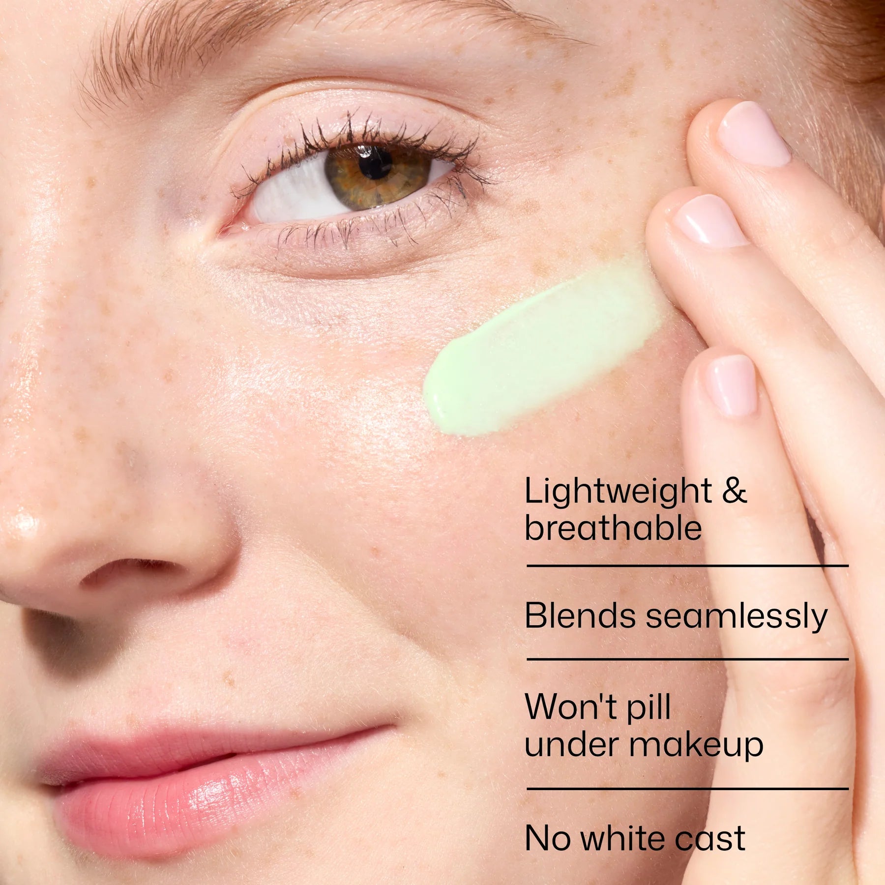Closeup model applying EltaMD UV Skin Recovery green tint with lightweight breathable texture and no white cast finish