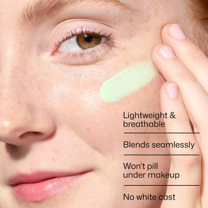 Closeup model applying EltaMD UV Skin Recovery green tint with lightweight breathable texture and no white cast finish