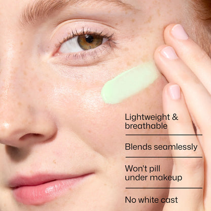 Closeup model applying EltaMD UV Skin Recovery green tint with lightweight breathable texture and no white cast finish