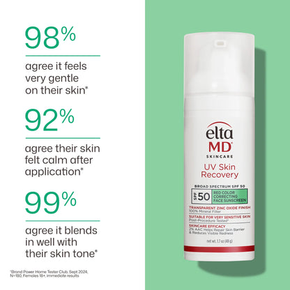 EltaMD UV Skin Recovery SPF 50 bottle graphic showing gentle feel, calmer skin, and blendable green tint results panel image