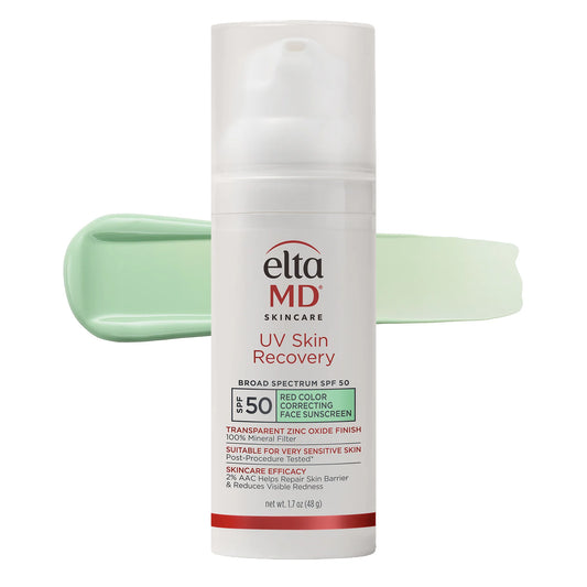 EltaMD UV Skin Recovery SPF 50 green tint sunscreen bottle with cream swatch for redness and sensitive barrier repair