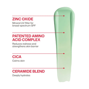 EltaMD UV Skin Recovery SPF 50 ingredient graphic with zinc oxide, amino acid complex, cica and ceramide blend benefits view